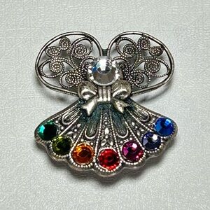 Birthstone angel Signed Jane Silver Filigree Brooch Multicolor Rhinestones VTG